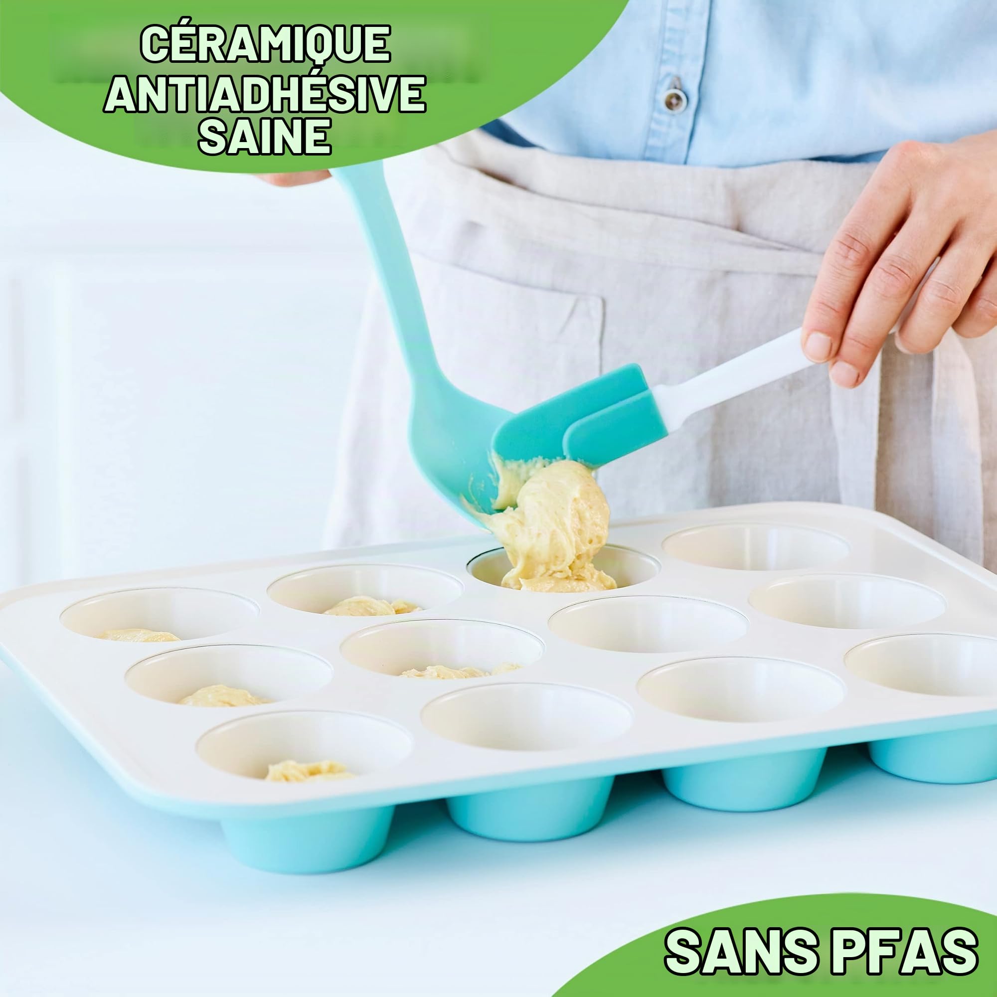 GreenLife Plateau de 12 Moules à Muffins et Cupcakes en Antiadhésive Céramique Saine, Sans PFAS, Démoulage Facile, Va au Lave-Vaisselle et au Congélateur, Va au Four jusqu'à 230°C, Turquoise
