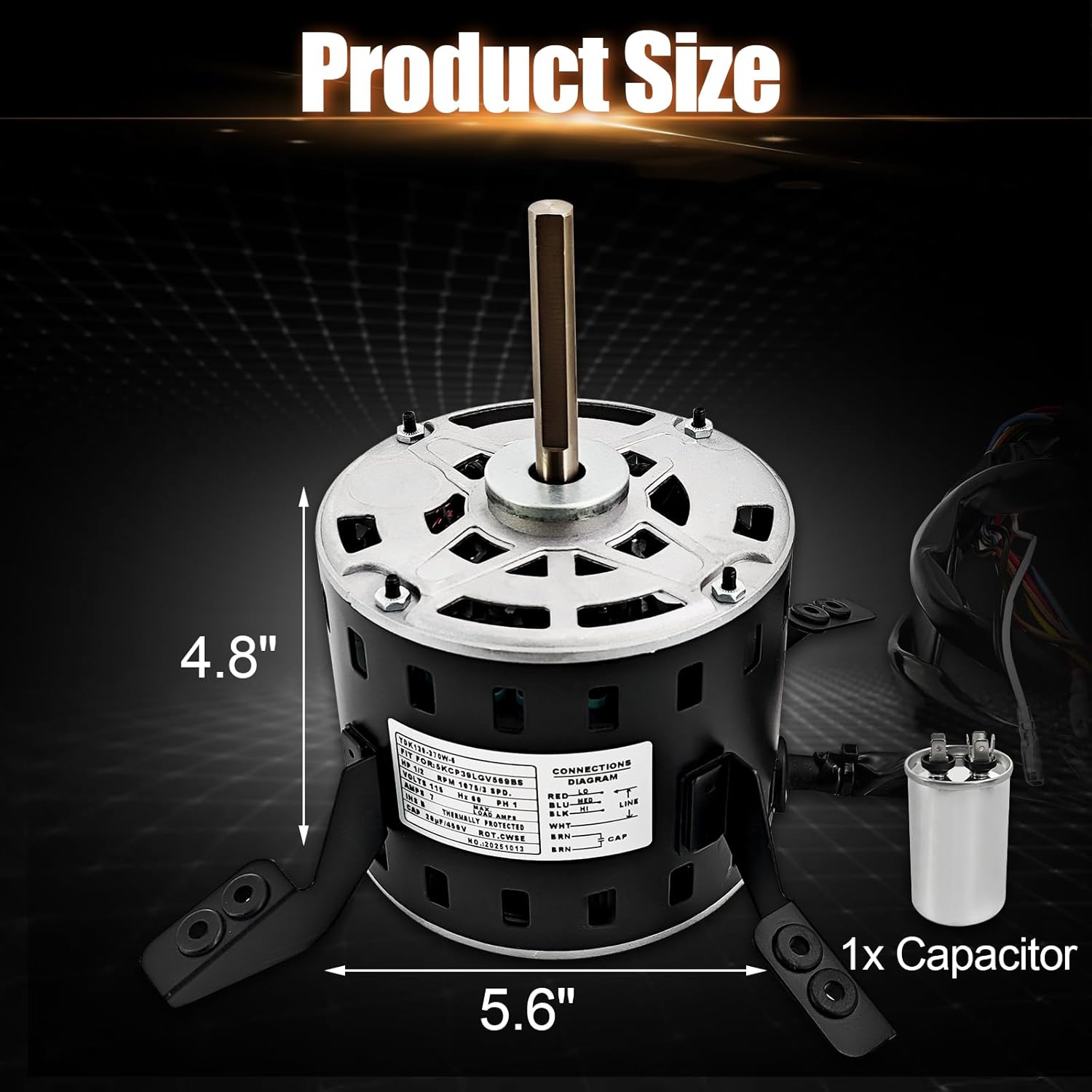 5KCP39LGV569BS Furnace Blower Fan Motor HC43TE113 (1/2 HP 115V 1075 RPM 3-Speed 60Hz) HC43TQ113 with Capacitor for Carrier for Bryant for Payne for GE for Genteq Condenser Motor Replace# HC43TE113A