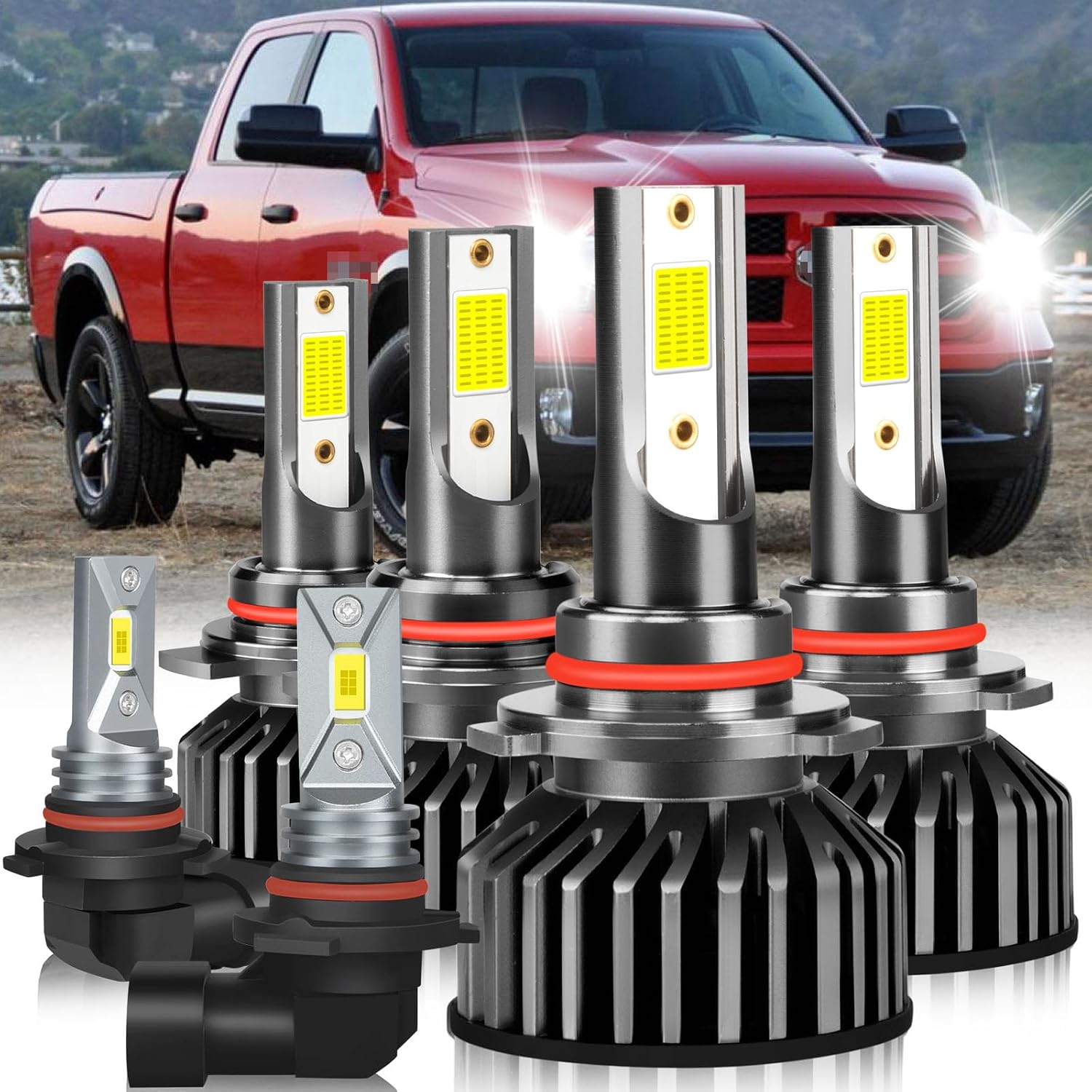 Fit For DODGE RAM 1500 2500 3500 With Projector 2013-2015 lights,800% Super Bright Hi Lo Beam Light Bulbs with Fan and Fog lights, 6500K Cool White, IP68 Waterproof, Pack of 6