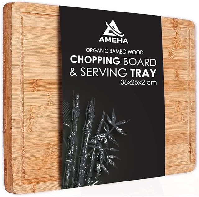 Ameha Bamboo Wood Chopping Board with Juice Groove (38x25x2cm) Pre Oiled for Food Prep, Meat, Vegetables, Bread, Crackers & Cheese Cutting