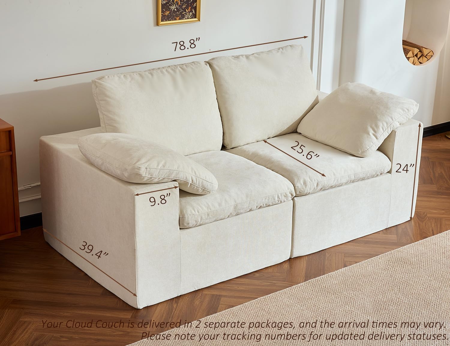 Boneless Cloud Couch Loveseat, 78'' Modern Beige 2 Seater Modular High-Resilience Foam Couches for Living Room, Compressed Floor Sofa, Small Couches Set, Comfy Soft