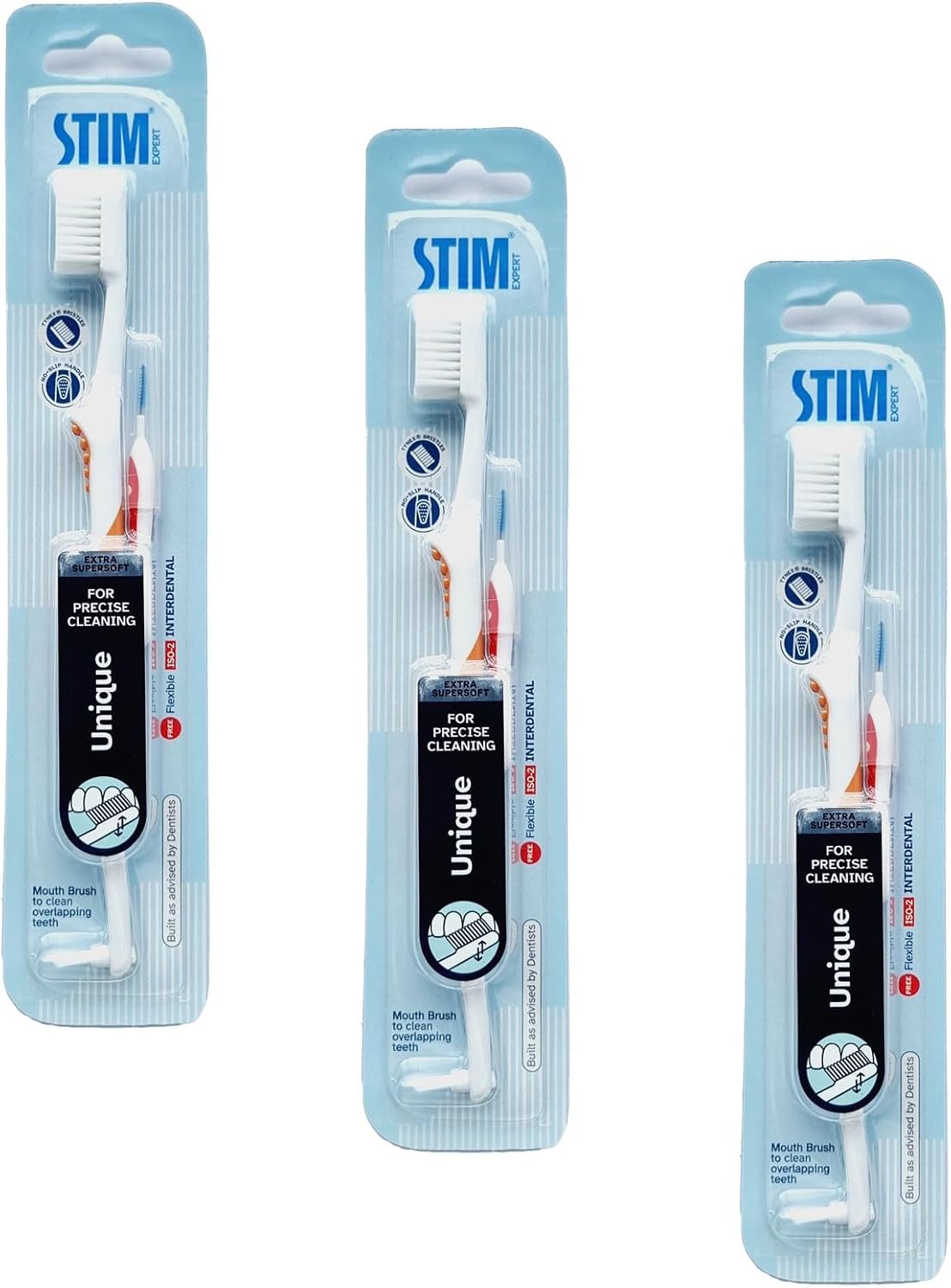 STIM Unique Manual Toothbrush for Adults, Precise Cleaning, Super Soft bristles, Comes with Mouth-Brush, 1 Count (Pack of 3) White