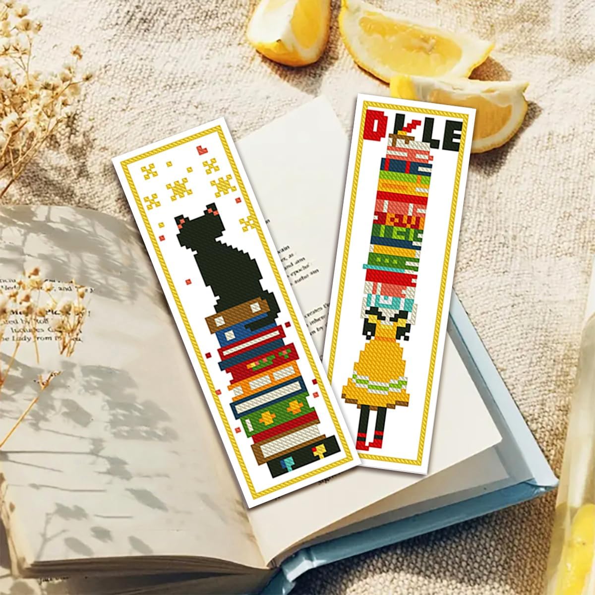 Zhenqing Bookish Cat Stamped Cross Stitch Bookmark Kit, 6 Bookshelf and Reading Designs on 11CT Printed Fabric for Adults and Beginners, Gift for Book and Cat Lovers