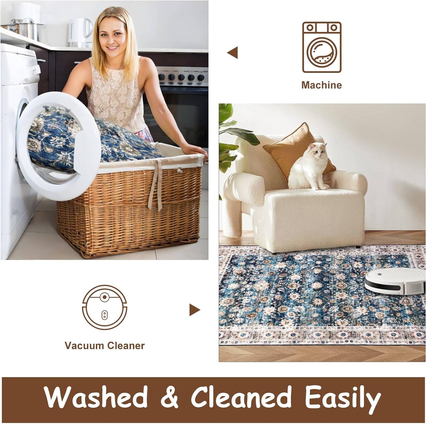 Blue 5x7 Washable Area Rug, Low Pile Soft Rug for Living Room Bedroom Dining Room Home Office, Non Slip Rubber Backing, Pet & Kids Friendly, Stain & Fade Resistant