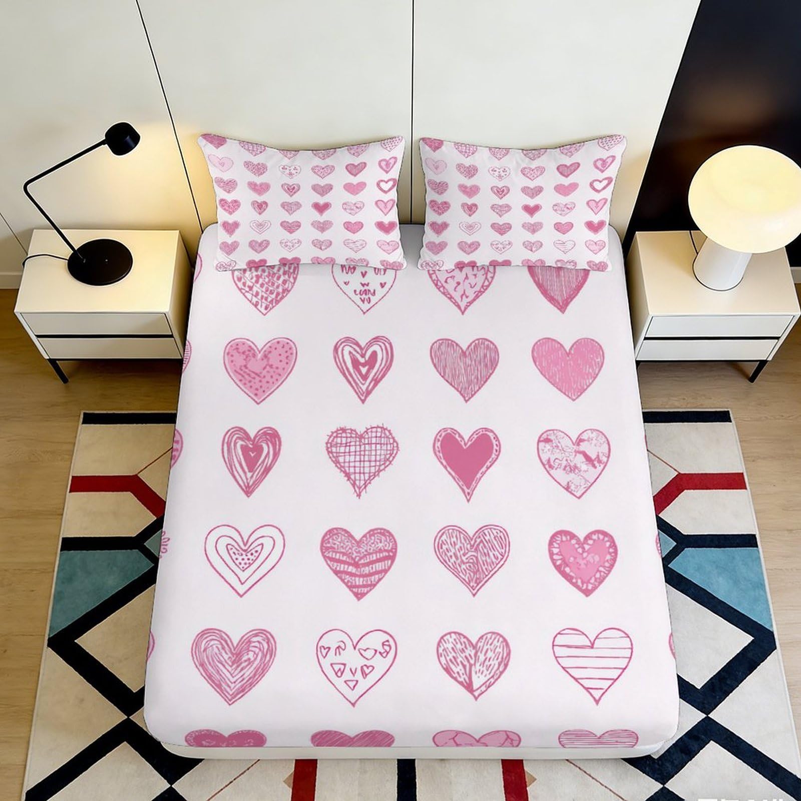 Uynsixtme Style-8 3D Printed Heart Pattern Fitted Sheet Microfiber Deep Pocket Non-Slip Heart Mattress Fitted Cover For Bedroom Home 90X200x25cm