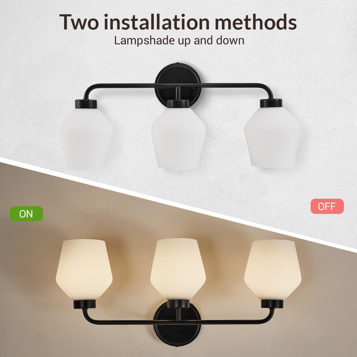 ANDY STAR Black Bathroom Light Fixture, 3-Light Bathroom Vanity Light, 25" Geometric Wall Light with Milky White Frosted Glass Shade, Industrial Metal Wall Sconce, E26 Base, Easy Installation