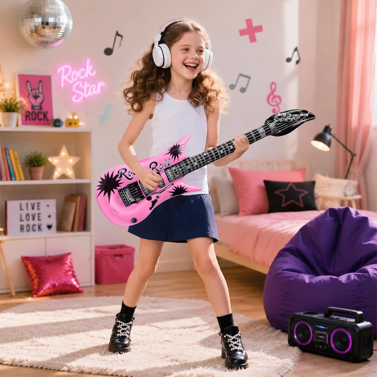 Inflatable Guitar Blow Up Guitar Party Decorations Props | 9 PCS Rock Star Guitar Toys for Birthday 80s 90s Party Decorations Photo Booth Props Carnival Decorations
