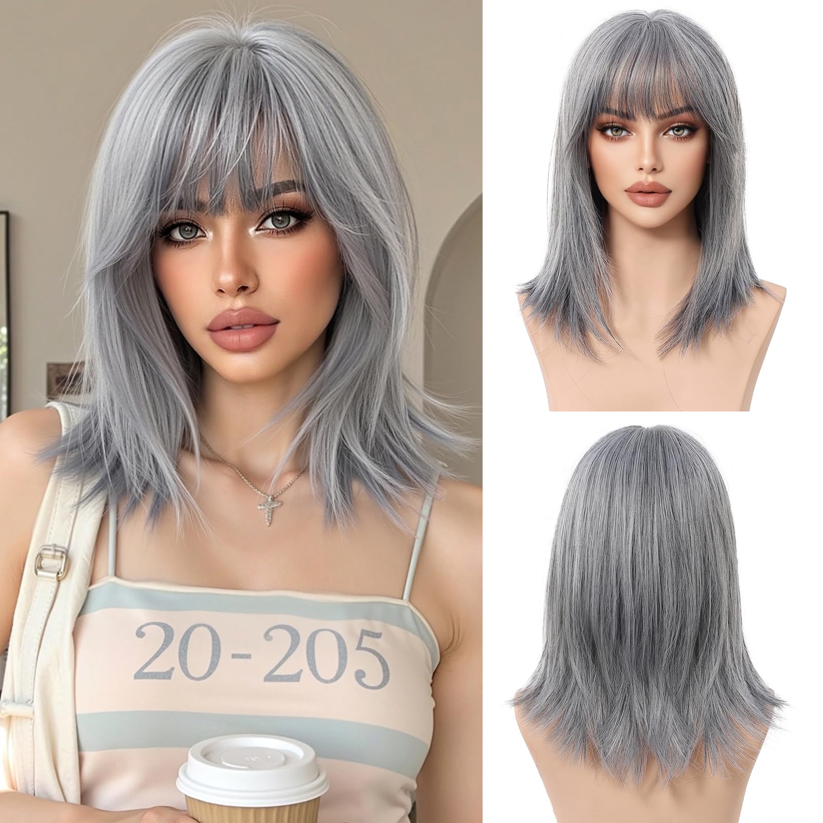 OUFEI Gray White Bob Wigs for Women with Bangs Short Natural Straight Synthetic Hair Heat Resistant Wigs for Daily Party Cosplay Wear