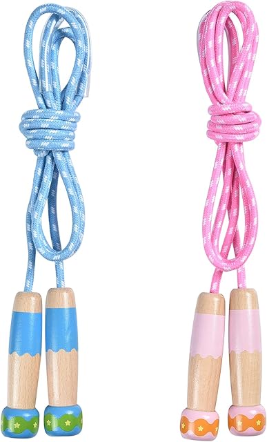 OTraki Skipping Rope for Kids 2 Pack Adjustable Jump Rope Non-slip Wooden Handle Woven Cotton Rope Girls Boys Children Skipping rope for Fitness Exercise Workout School Game Outdoor Activity