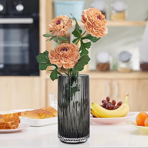 Miniatura 2 de Jarrón de flores TIMEFOTO 9.7 pulgadas de vidrio soplado a mano engrosado gris botellas redondas vintage con rayas para estantería, mesa de comedor,