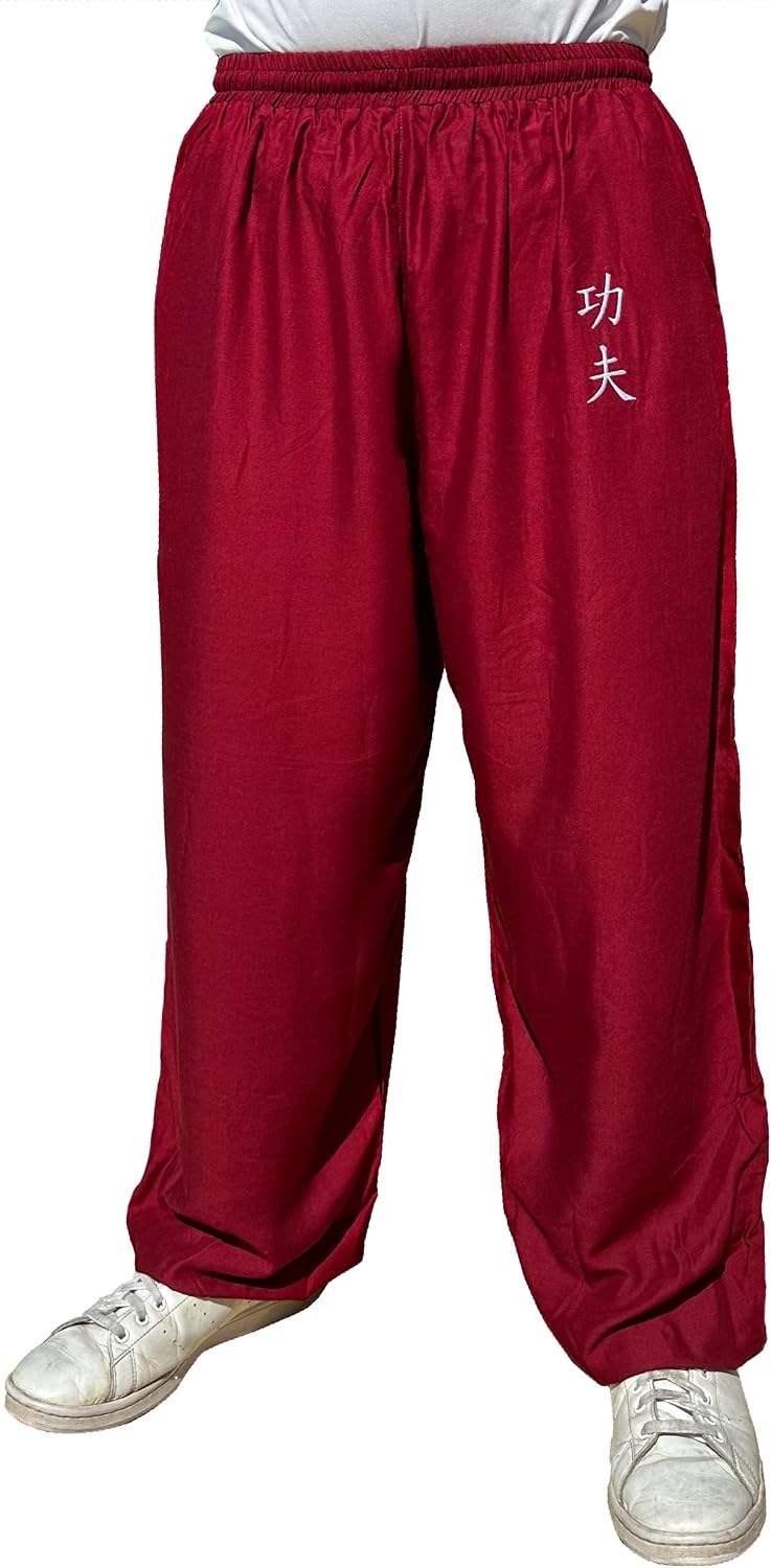 TAO MARTIAL Kung Fu Pants Wing Chun Tai Chi Style with Pockets, Loose Pant Rayon V3 (KF Burgundy, Size XL)