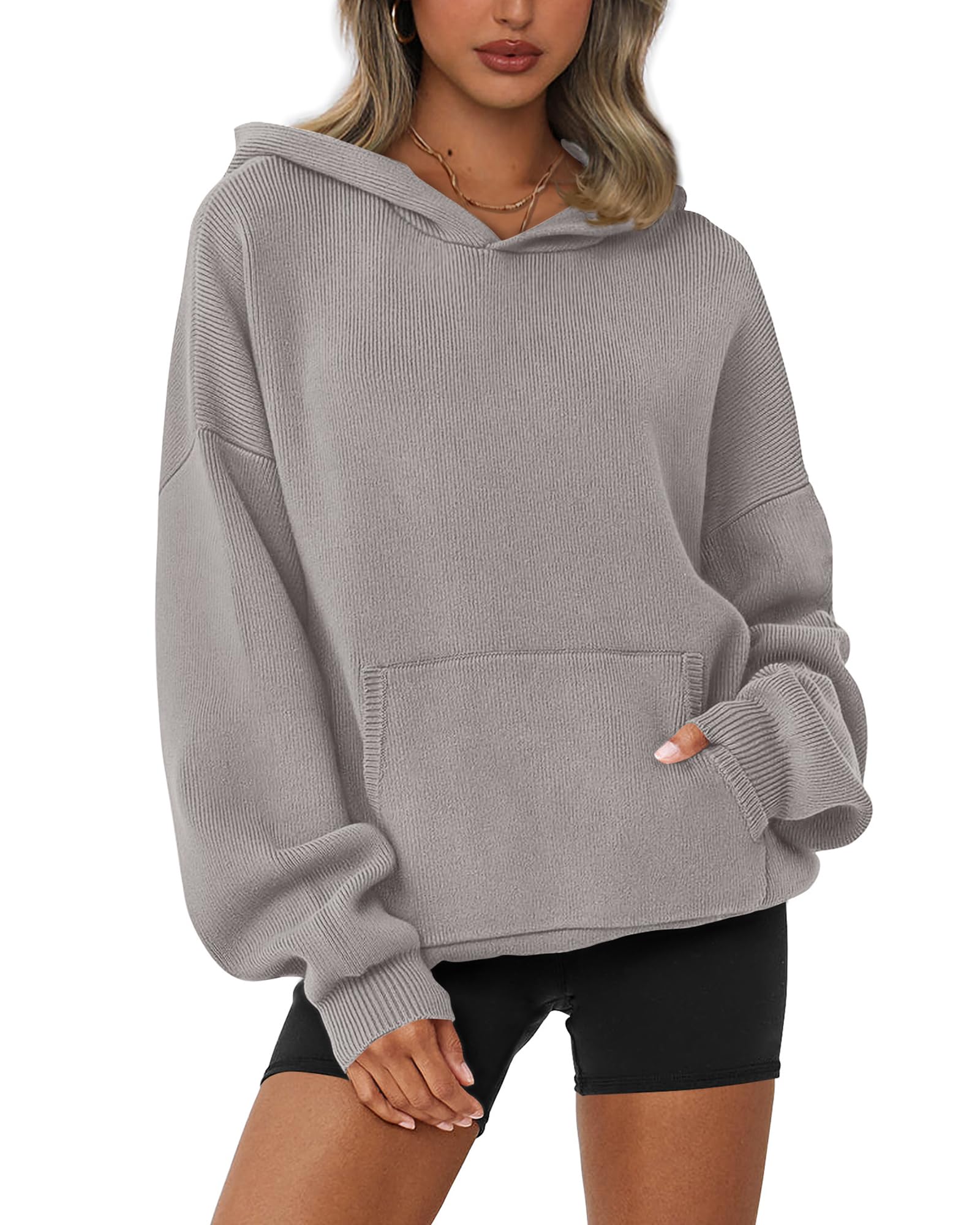 dowerme Women Oversized Sweaters 2026 Lantern Long Sleeve Drop Shoulder Chunky Knit Hooded Pullover Sweater with Pocket