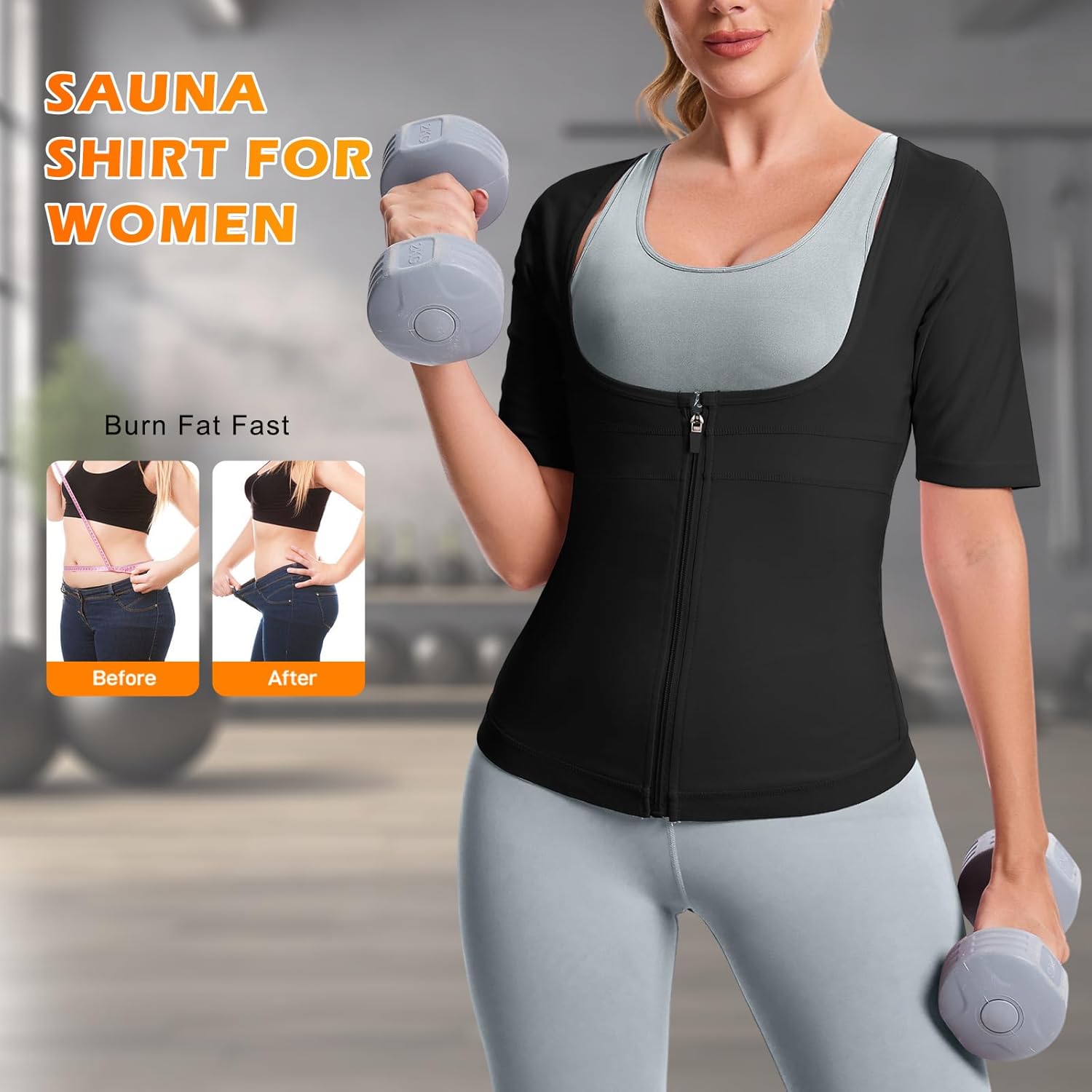 Sauna Suit for Women Sauna Shirt for Women Sweat Body Shaper Waist Trainer Top with Zipper - Image 2