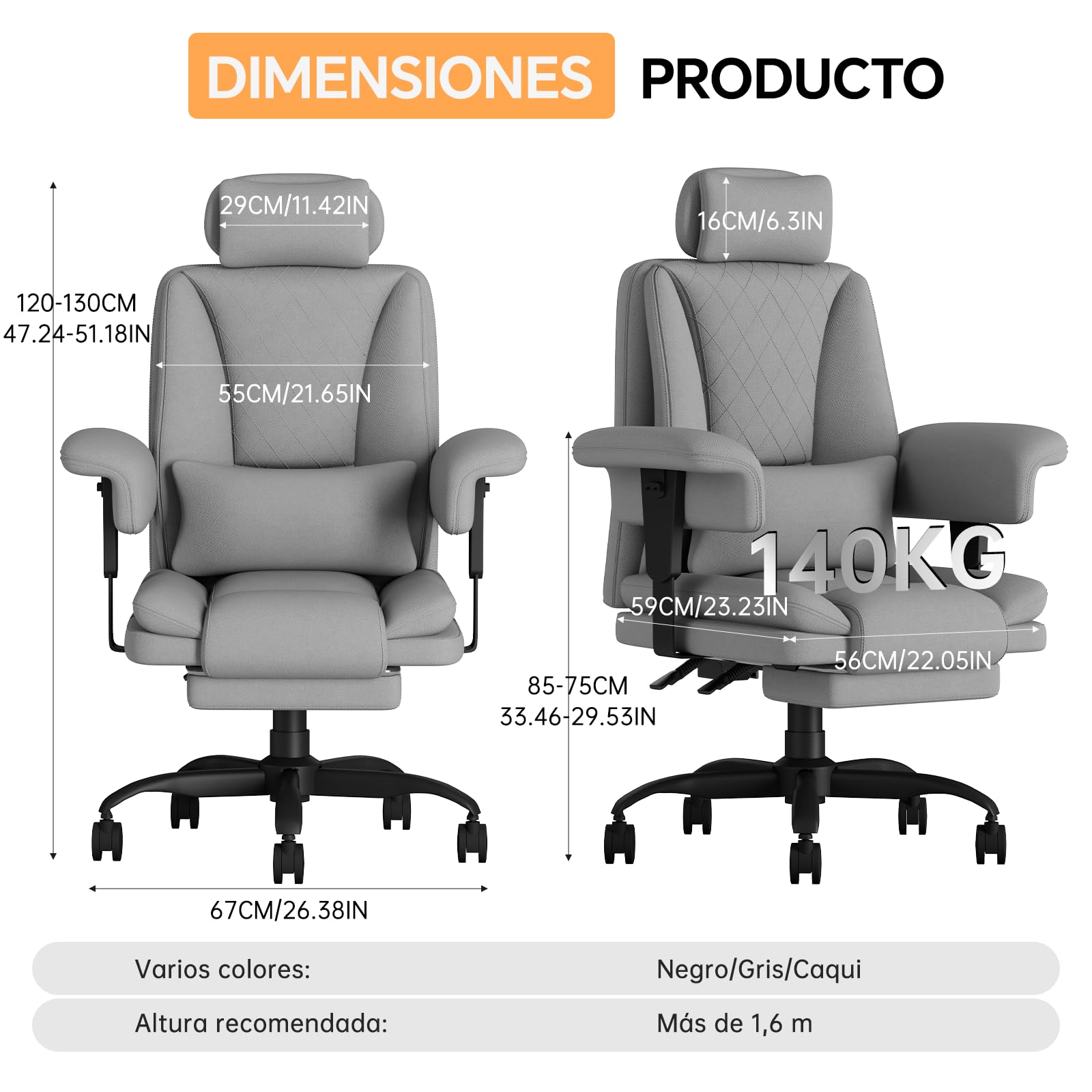 Silla Oficina Ergonomica con Respaldo Alto, Silla Escritorio Ejecutiva 200KG, Silla Gaming de Asiento Ancho Reposapiés Soporte Lumbar, Silla Escritorio Reclinable Reposabrazos Elevables, Gris