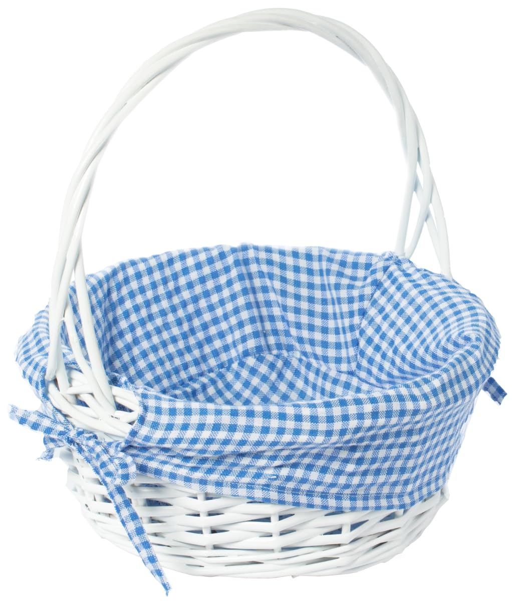 White Round Willow Gift Basket, with Blue and White Gingham Liner and Handles, Small