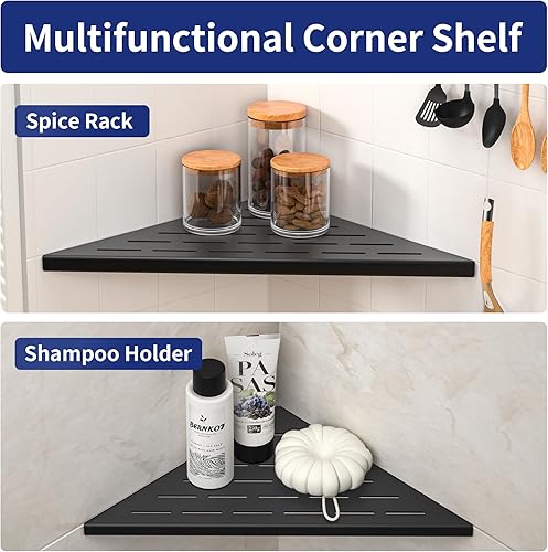 Miniatura 6 de Estante esquinero de ducha de 12 pulgadas, color negro mate con diseño de ranura de acero inoxidable 304, estantes esquineros empotrados, paquete de