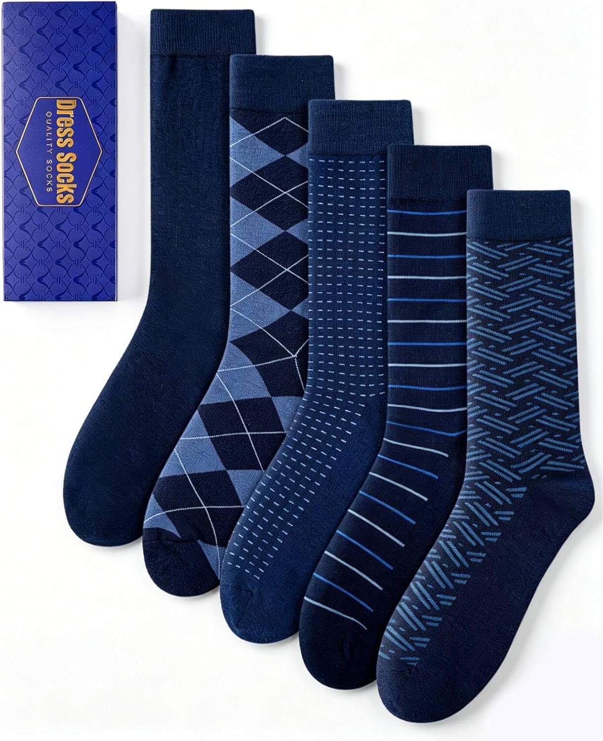 Mens Dress Socks Classic Patterned Business Crew Cotton Socks for Father Husband Birthday Gifts 5 Pairs