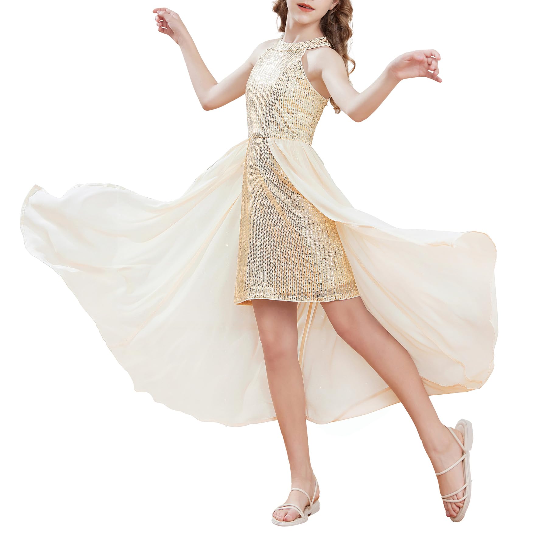 GRACE KARIN Fille Robe à Paillettes et Traîne en Mousseline à Dos Nu - Sans Manche pour Demoiselle d'honneur de Mariage et Fête d'Été