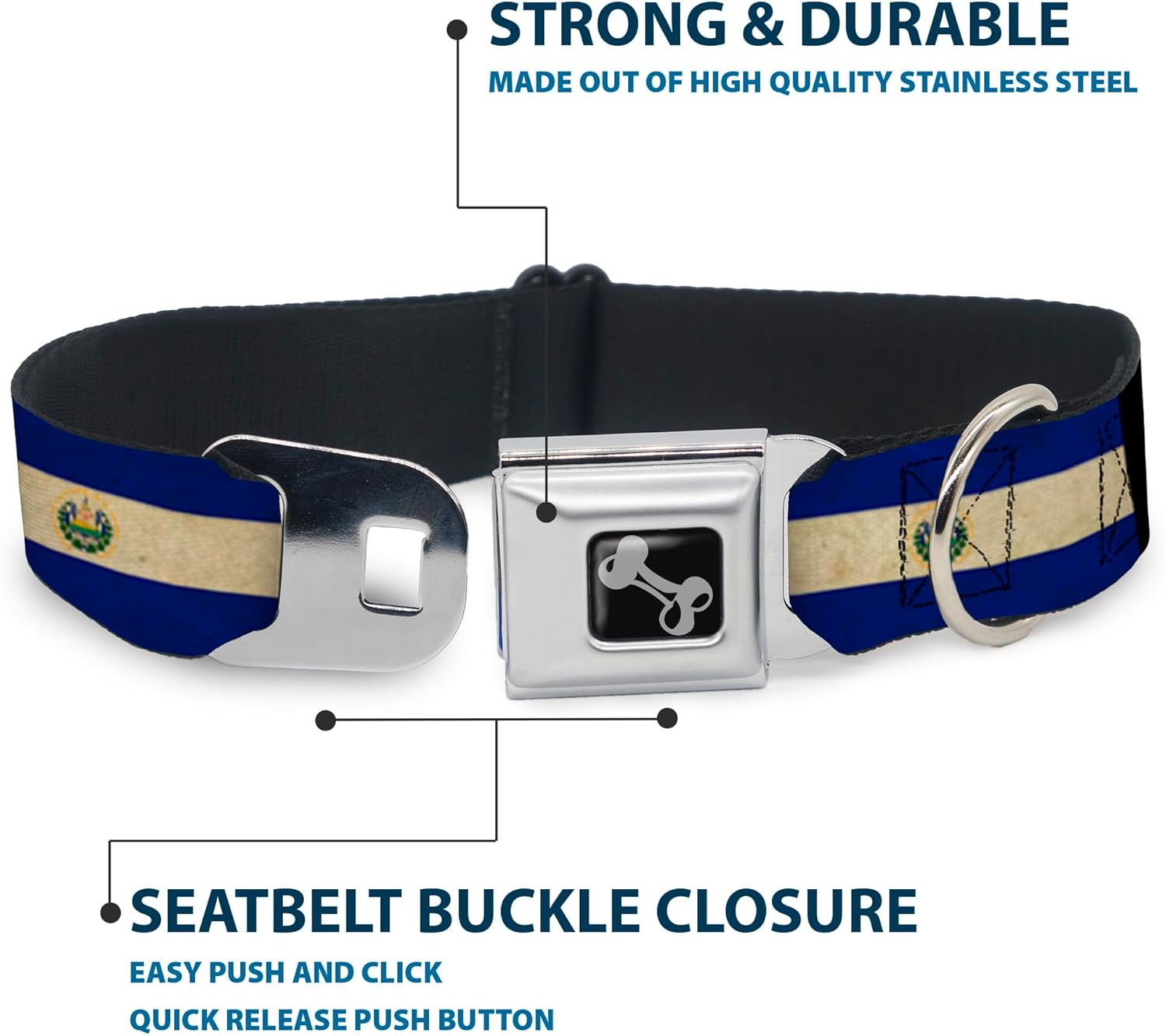 Dog Collar Seatbelt Buckle El Salvador Flag Black 18 to 32 Inches 1.5 Inch Wide