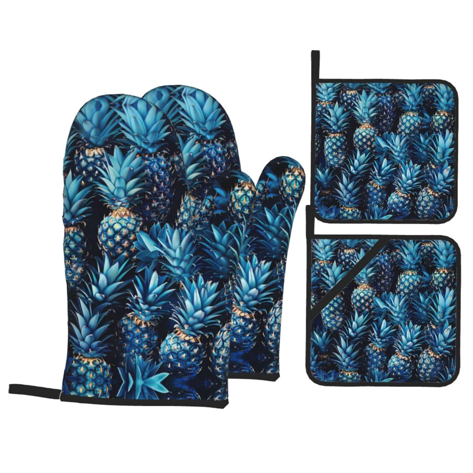 Blue pineapple Print Stylish 4-Piece Microwaving Oven Waterproof Kitchen Gloves Baking Holiday Cooking