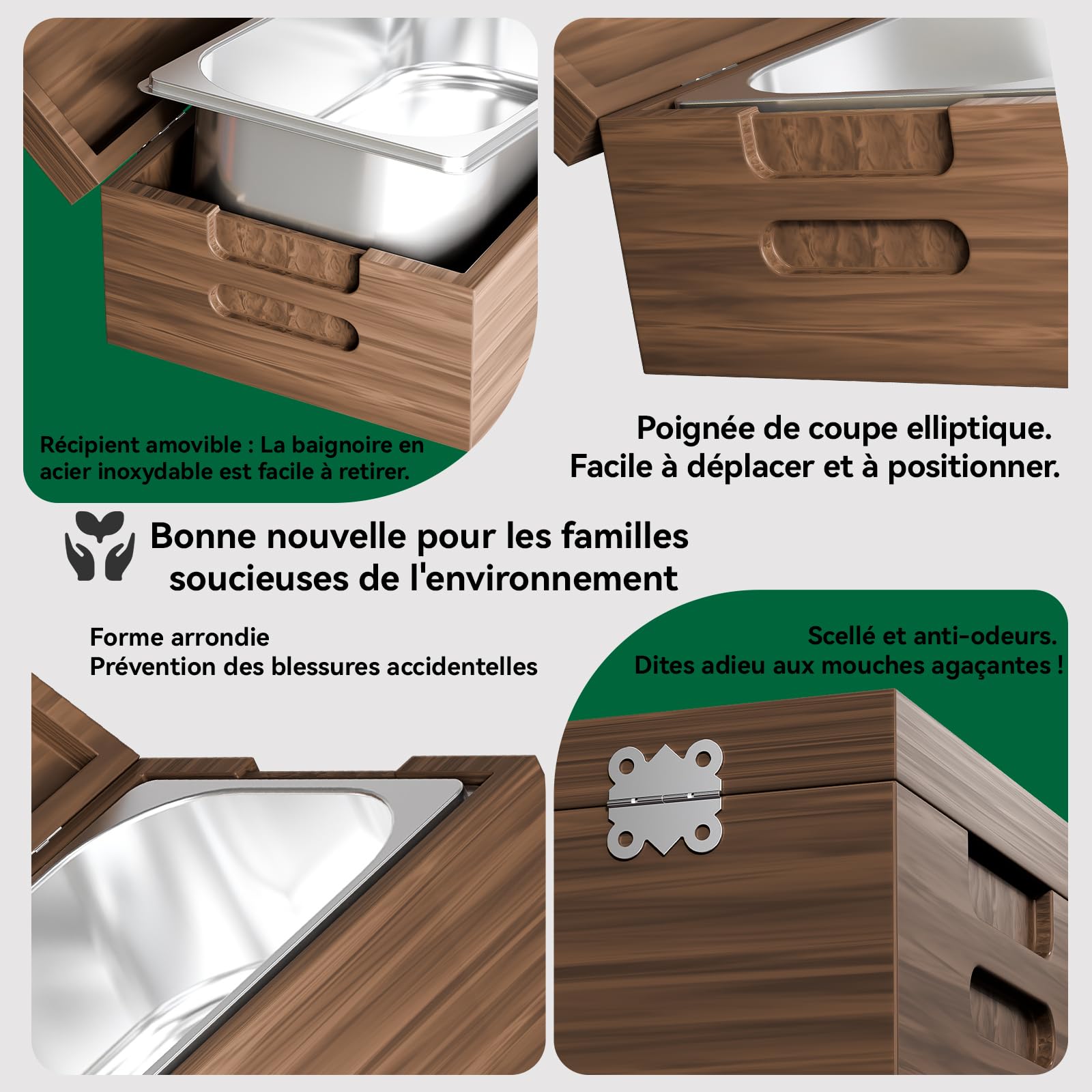 Poubelle de Cuisine 4L Bois véritable Acier Inoxydable Anti-odeurs pour déchets Alimentaires avec récipient intérieur Amovible Noyer