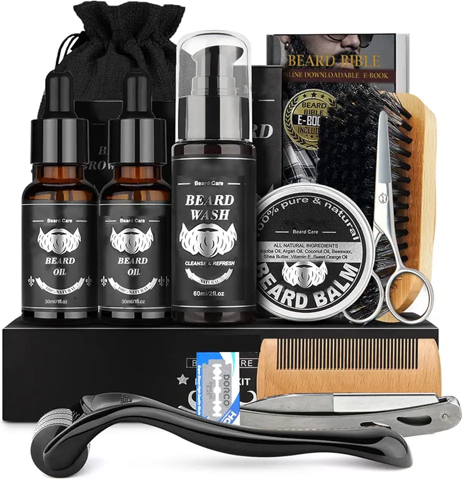 Kit barba masculino 12 em 1,Com Rolo de Crescimento de Barba,Shampoo para barba, Pente de barba,Escova de barba,Oleo para barba,Balm para barba,Navalha,Presente perfeito para homens ou pais