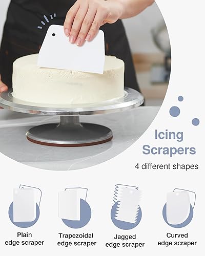 Miniatura 5 de Puroma Tocadiscos para tartas, soporte de aleación de aluminio de 12 pulgadas, kit de decoración de pasteles con 3 espátulas de glaseado y 4 peines