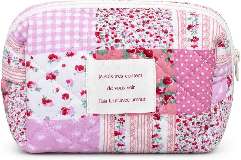 Necessaire Floral Pequena Sminra com Zíper, Algodão Matelassê, Rose Red Floral-S