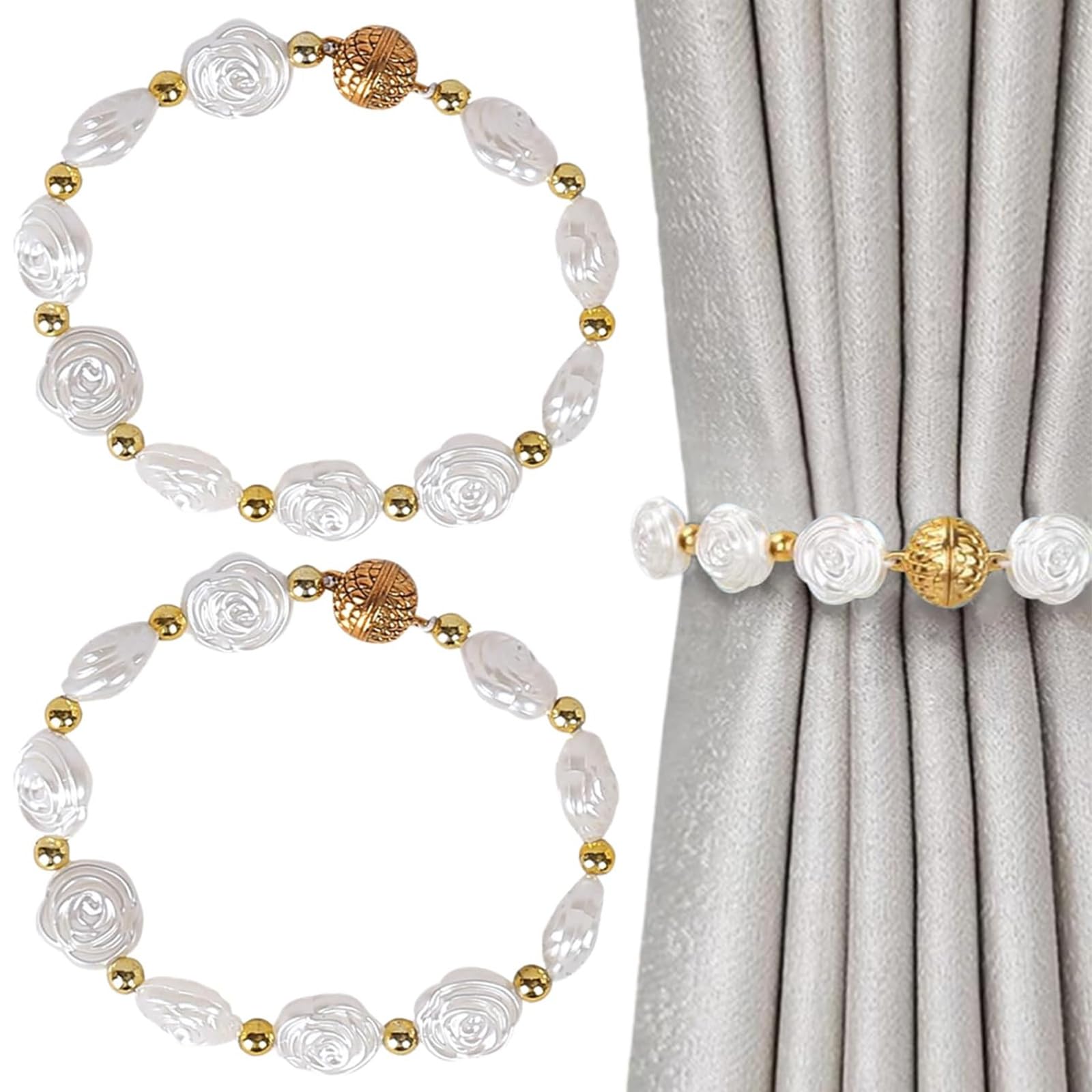 2 Pcs Camellia Magnetic Curtain Tiebacks, modern magnetic curtain tiebacks with double elastic cords, suitable for thin or thick curtains in homes, hotels, or offices.