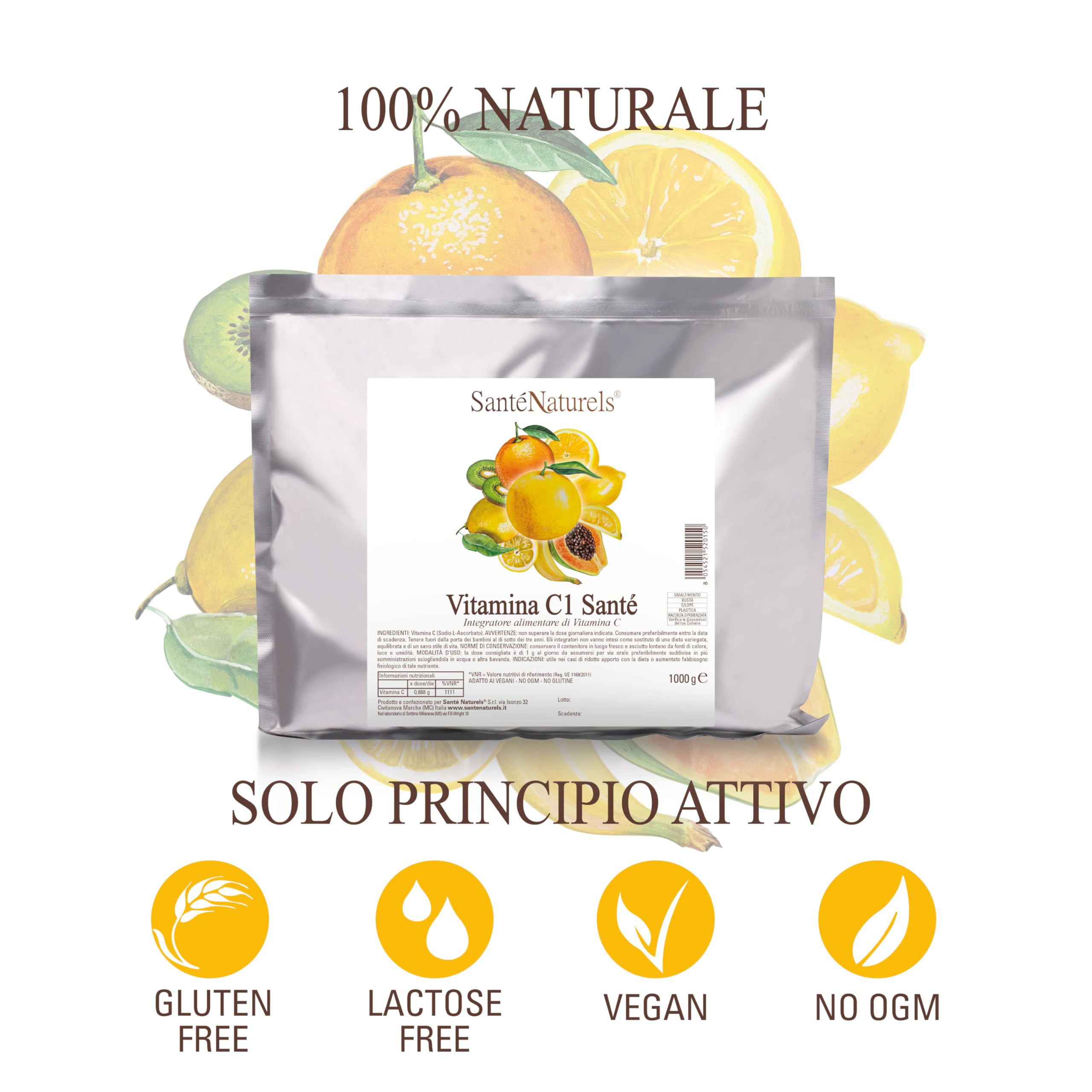 Acido Ascorbico 1kg ● Vitamina C in Polvere Pura Fine e Idrosolubile ● Integratore Alimentare Naturale ● No Ogm, No Lattosio, No Glutine ● Adatto ai Vegani