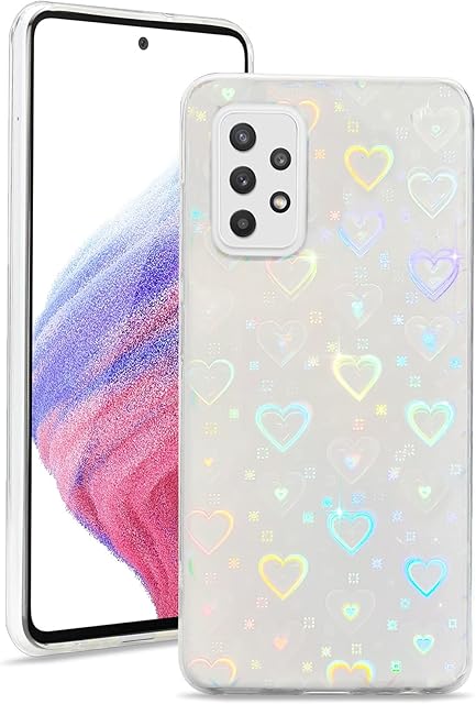 L-FADNUT for Samsung A53 5G Case Crystal Clear Cute Holographic Laser Heart for Women Girls Transparent Fashion Glitter Silicone Shockproof Protective Case for Samsung Galaxy A53