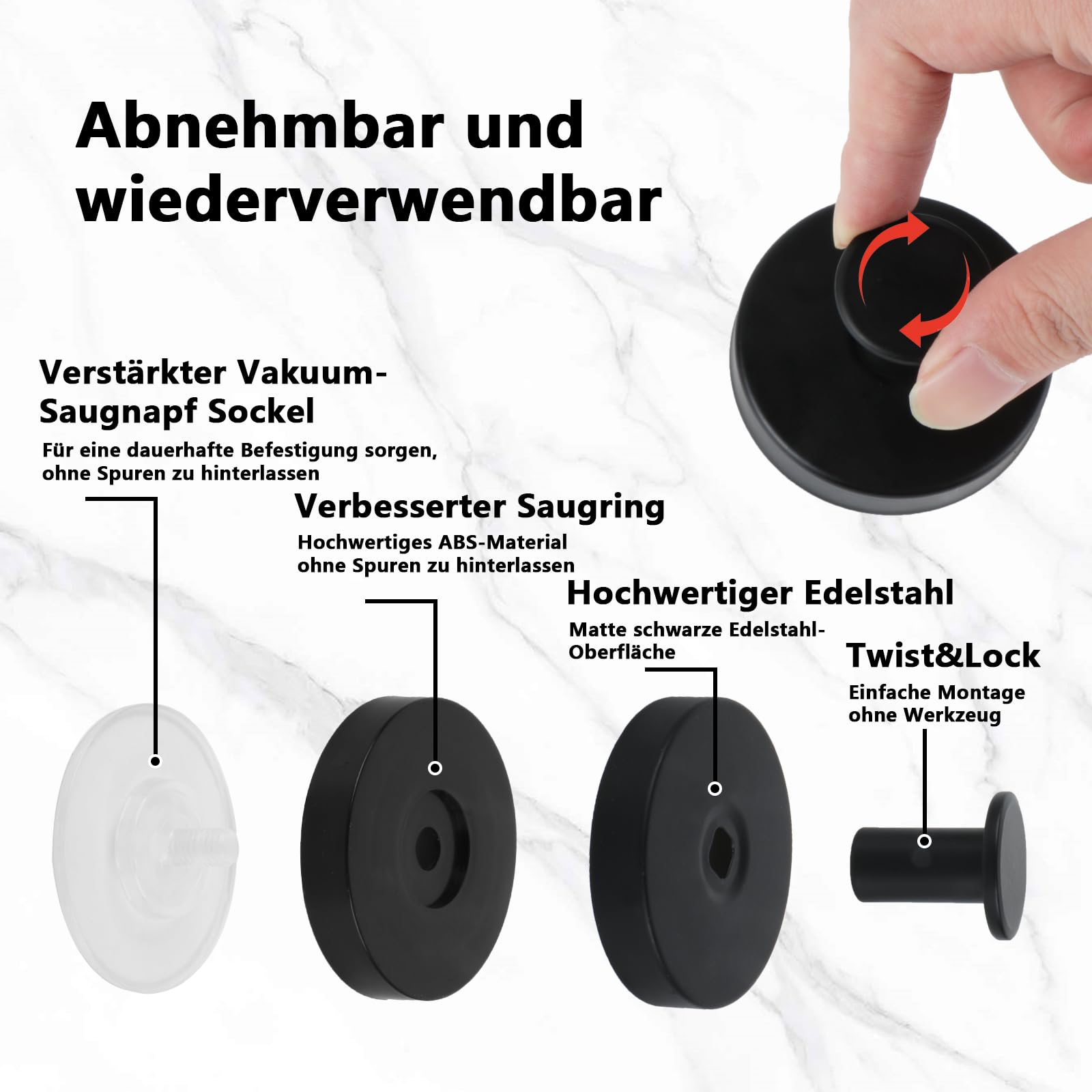 4 Pz Ganci a Ventosa Super Resistenti, Appendiabiti a Ventosa in Acciaio Inox Nero, Ventose con Gancio senza foratura, Appendi Accappatoio Bagno Cucina, Asciugamani, Cappotti
