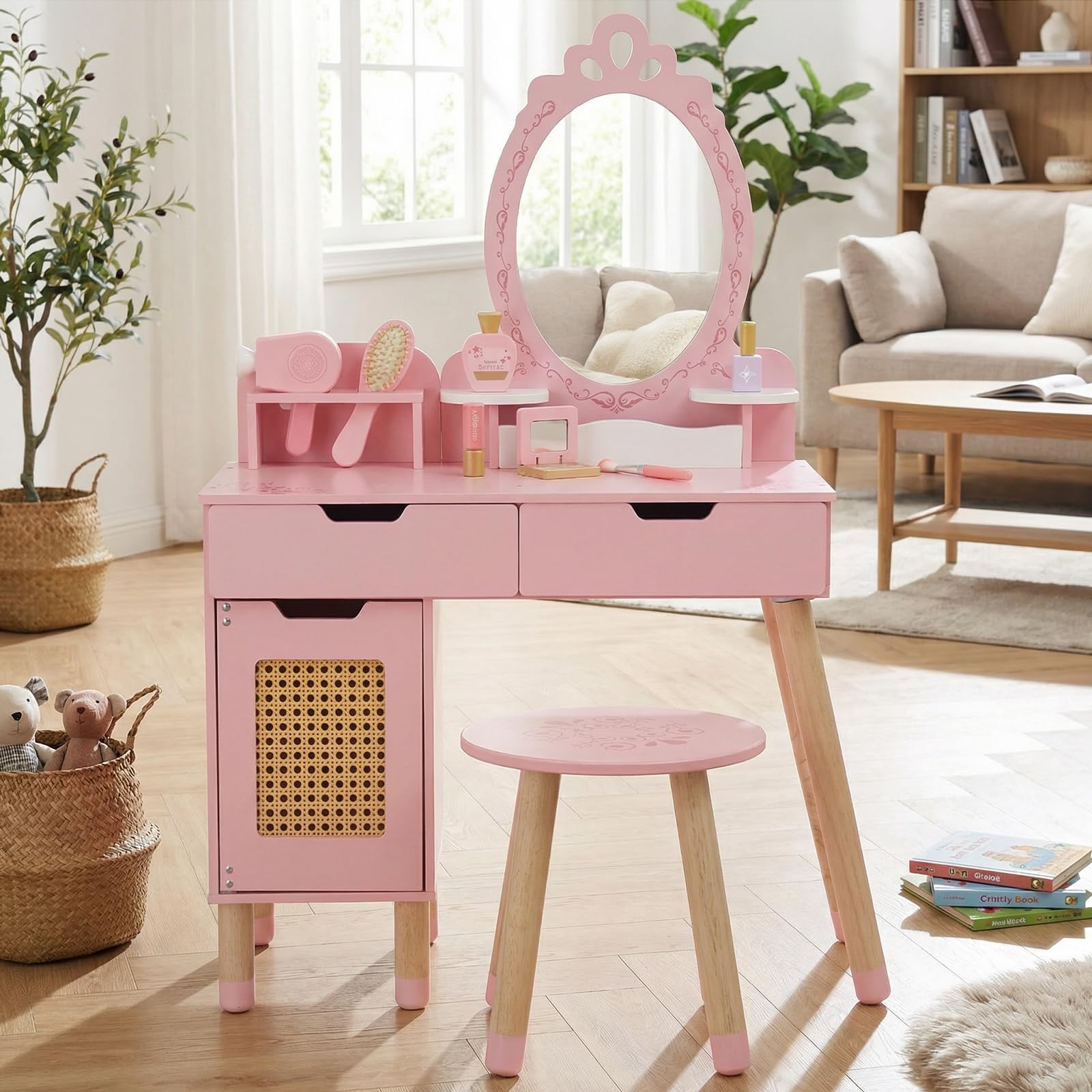 WOODENFUN Rosa Retro Palissaden Prinzessin Schminktisch für Kinder mit Hocker, Schublade, Make-up-Set, multifunktionaler hölzerner Gitter Schminktisch für Kindergeburtsgeschenk