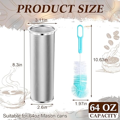 Miniatura 3 de Acellegic Filtro de café frío con cepillo para 64 onzas2 cuartos de galón de boca ancha, infusor de tarro Mason de acero inoxidable 304, filtro de