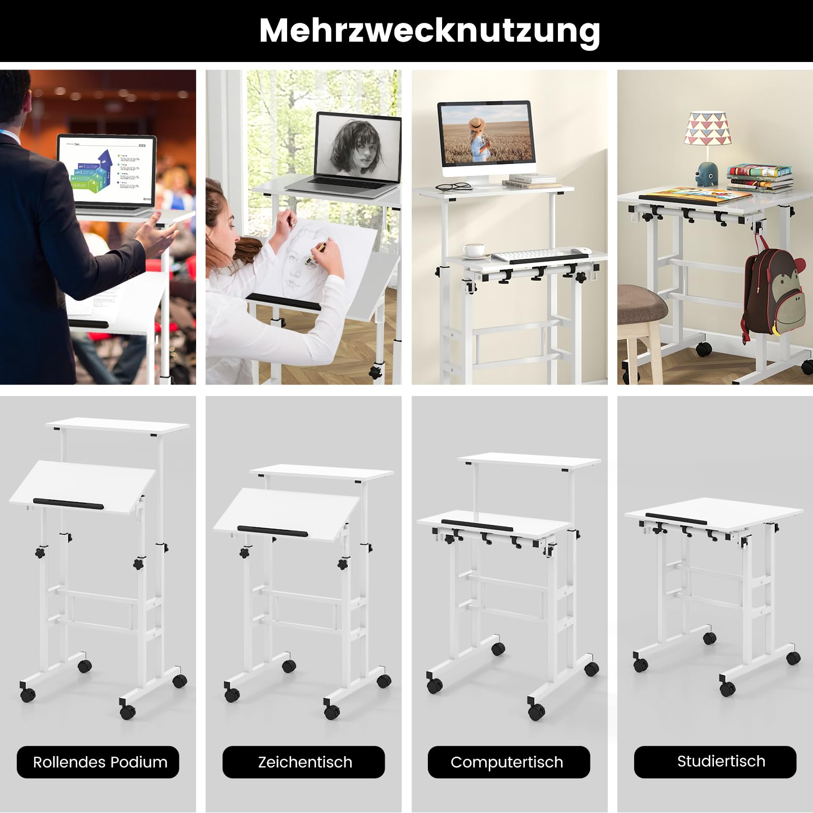 COSTWAY Stehpult Höhenverstellbar, mobiler Computertisch mit Rollen, neigbarer Tischplatte & 2 Haken, Schreibtisch, Steh-Sitz-Tisch, Laptoptisch für Zuhause, Büro (Weiß)