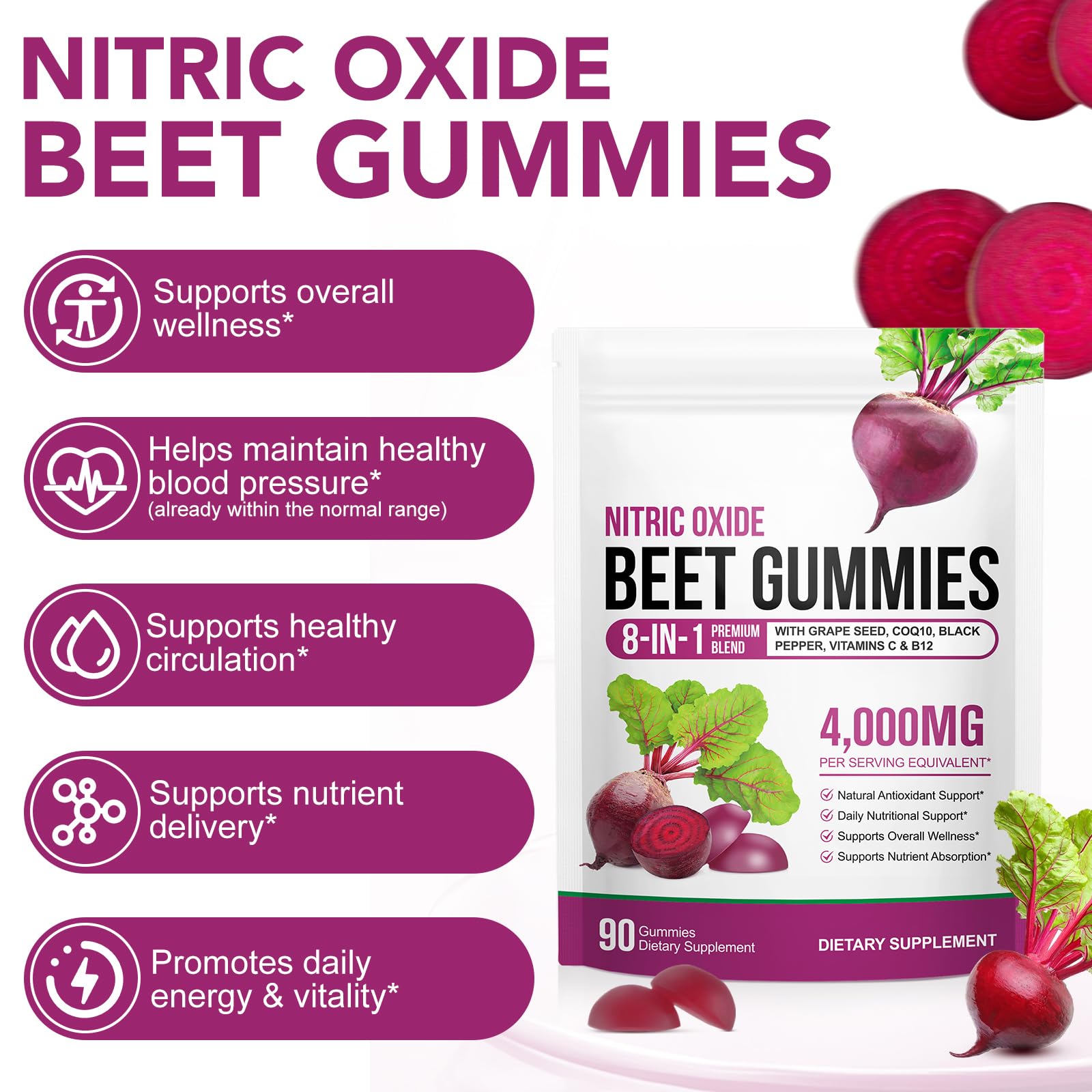 90 Chews Beet Root Gummies, Sugar Free/8 in 1 — Amazon image 2