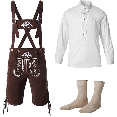 dressforfun 950003 Uomo Set Costume Tradizionale 3 Pezzi, Pantaloni Tirolesi  Marrone, Camicia Manica Lunga, Calzini Corti -Disponibili in Diverse Misure  (Pantaloni XXL | Camicia XXL| Nr. 350050) : Amazon.it: Abbigliamento