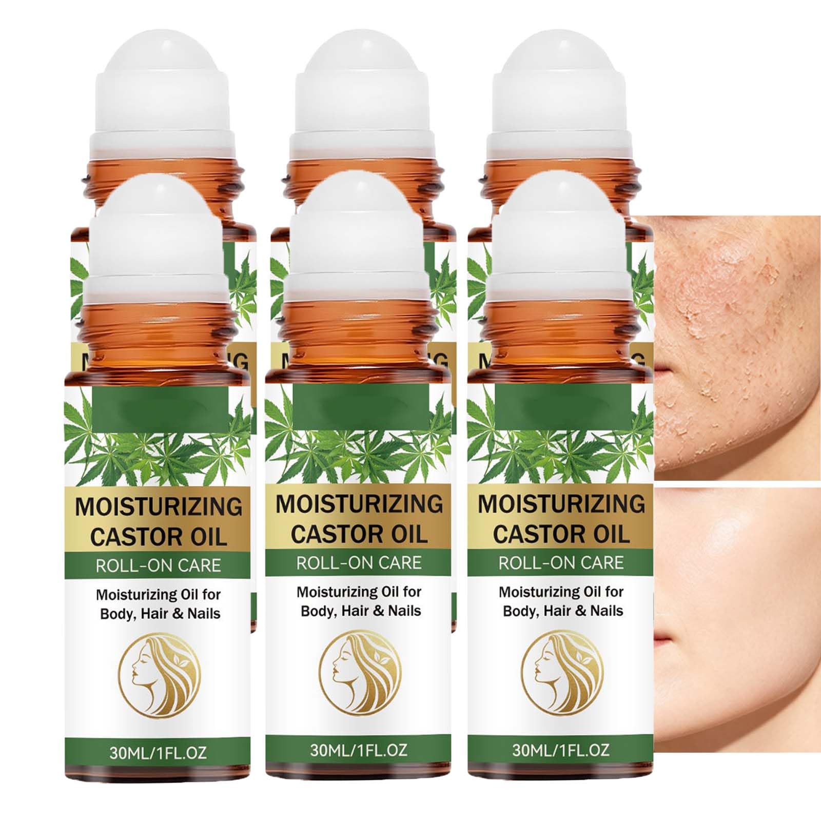 Aceite de ricino orgánico prensado en frío, aceite de ricino hidratante para abdomen, cara, debajo de los ojos, piel corporal, aceite de ricino con rodillo de cuarzo rosa, hidratación profunda de la