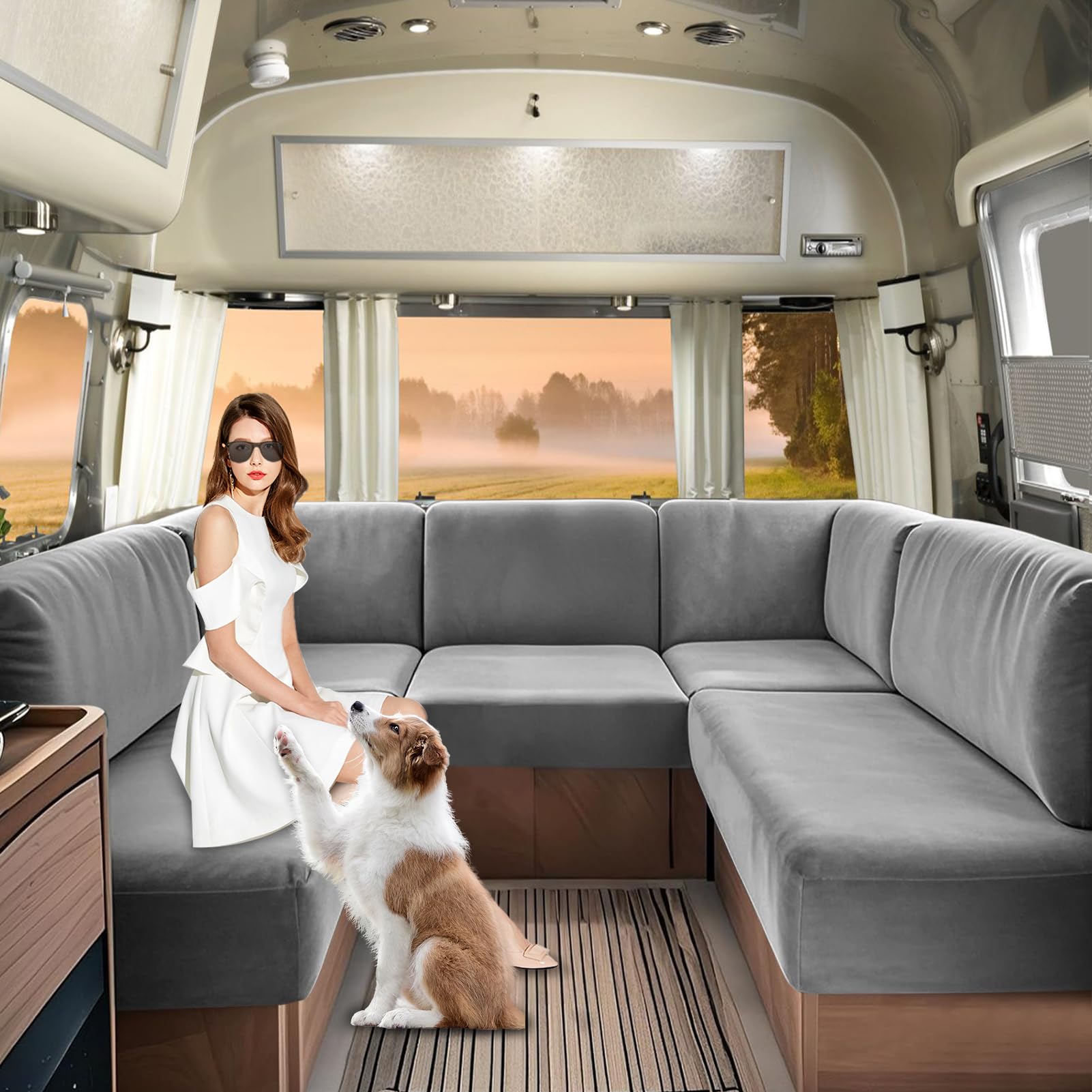 SHUOJIA Caravan Seat Covers Velvet, Motorhome Seat Cover with Elastic-band and Lacing, RV Sofa Cushion Cover for camper Washable（Grey-W140-185 cm,D70-95 cm）