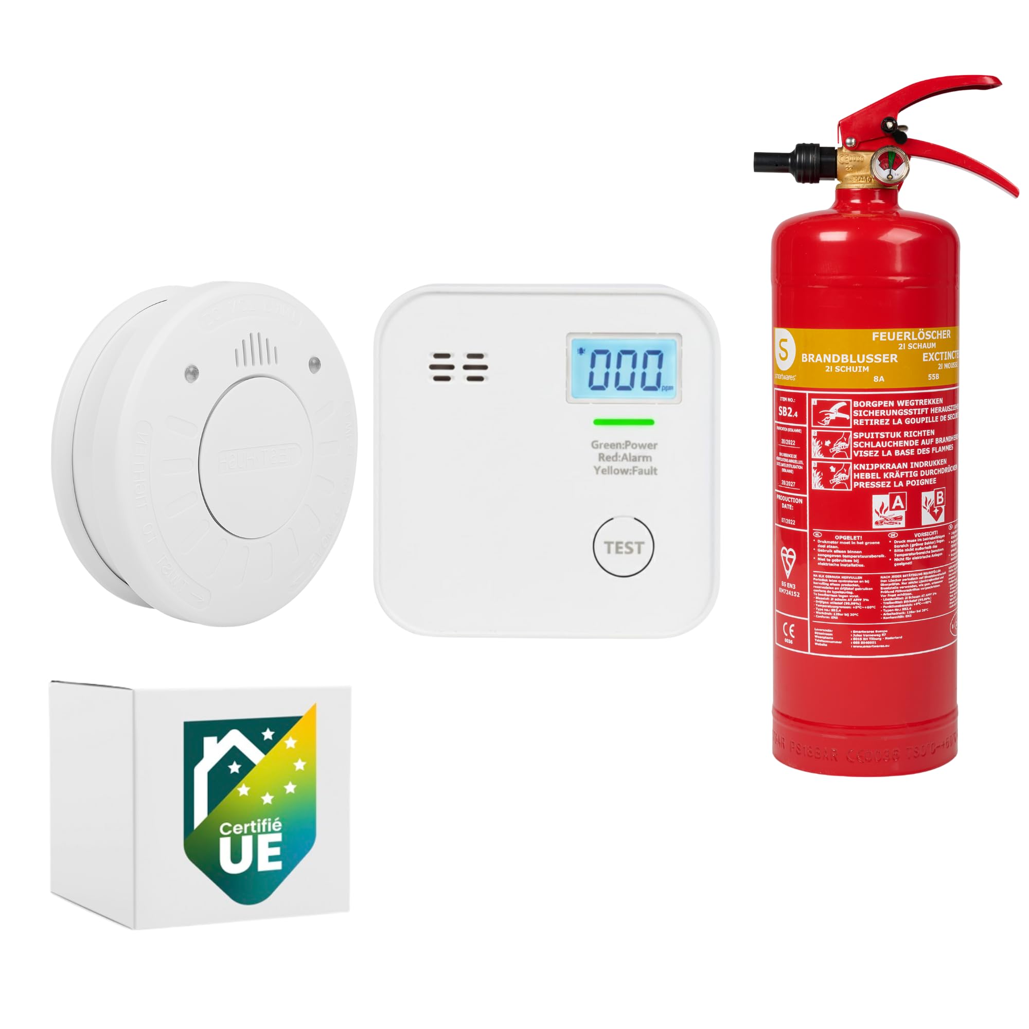 Détecteur de CO Smartwares FGA-13091 et alarme incendie avec extincteur de maison