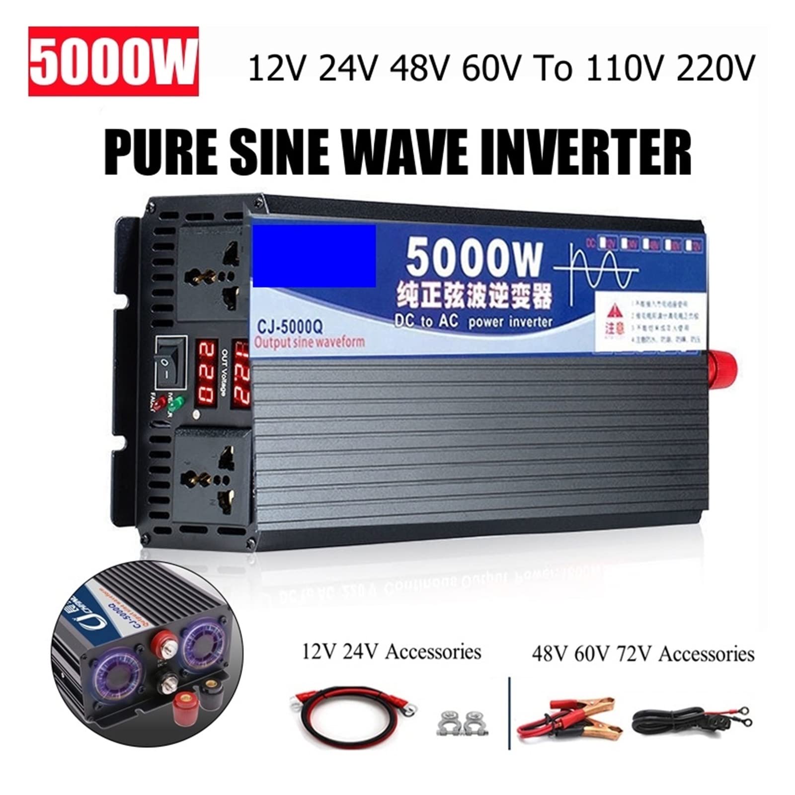 Inversor 24V DC 12V 48V 60V a AC 110V 220V Transformador de Voltaje Onda sinusoidal Pura 3000W 4000W 5000W convertidor de Potencia inversor Solar(5000W,24V-230V 50HZ)