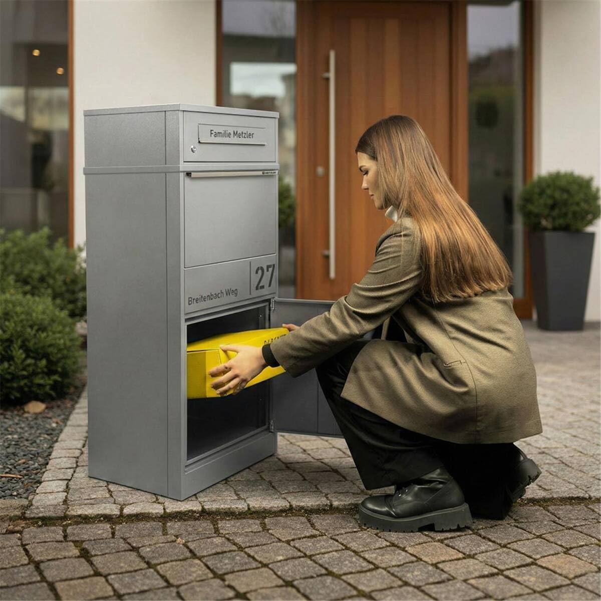 Outdoor Parcel Box Large in Grey RAL9007 - Letter Box with Parcel Compartment Personalised with Engraving - Standing Letter Box with Stainless Steel Name Plate Powder Coated Rustproof and