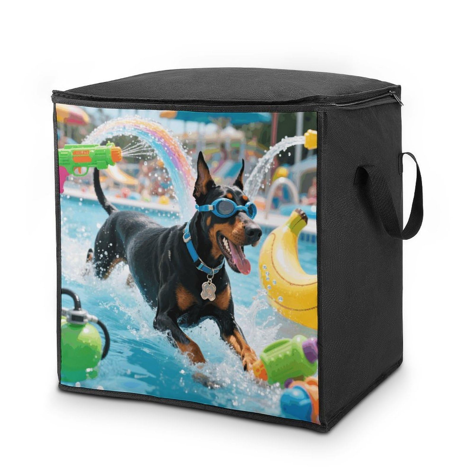 Doberman Pool Blitz Large Storage Bags with Zippered Storage Organizers Bag Clothes Storages Bins with Lids Foldable Storages Containers with Reinforced Handles for Blanket Bedding