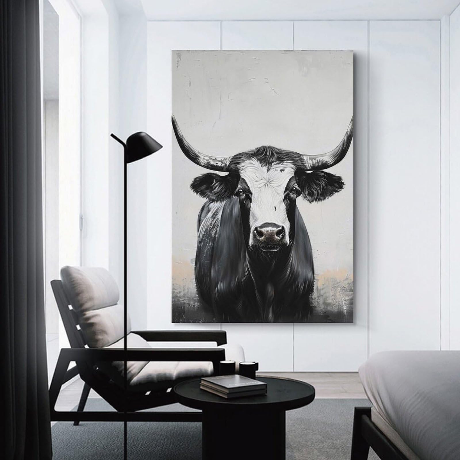 Junmoney Black And White Bull Portrait Hanging Wall Art, 20x30inch(50x75cm), for Gallery Wall Decor And Room Displays, Home Wall Art for Statement Displays