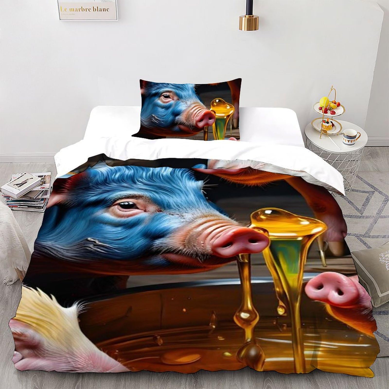 Housse de couette enfant Cochon Miel 135x200cm motif animaux 3D pour des nuits douces et magiques