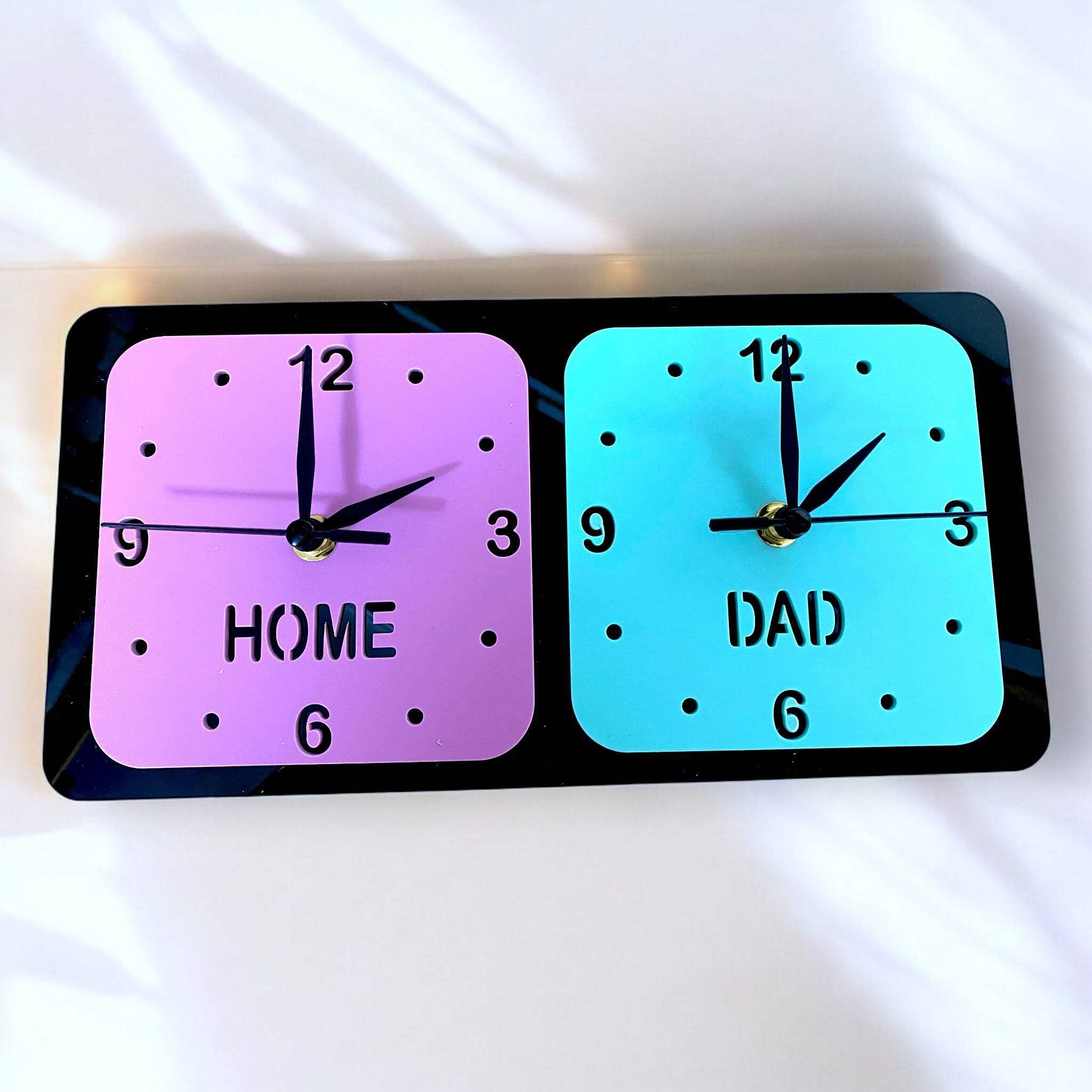 Super Cool Creations Bespoke Named square coloured Two Time Zone Clocks & Desk Stand - Many Colour Choices Silver Mirror 30cm