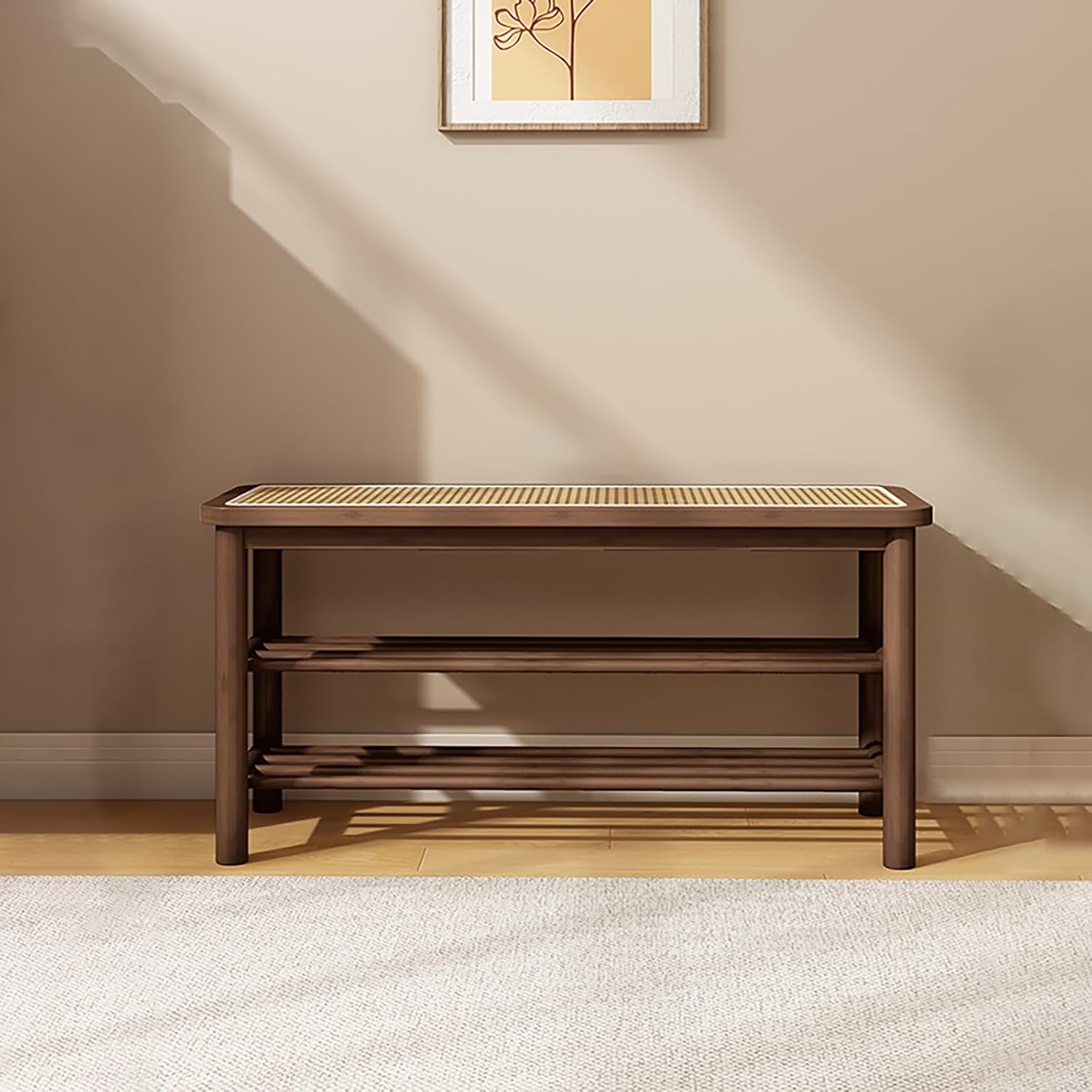 Modern Shoe Rack Bench 2-Tier Shoe Storage Bench Comfy Long Ottoman Bench Easy to Assemble for Entryways Hallways.(Walnut,23.6x11.8x16.3in)