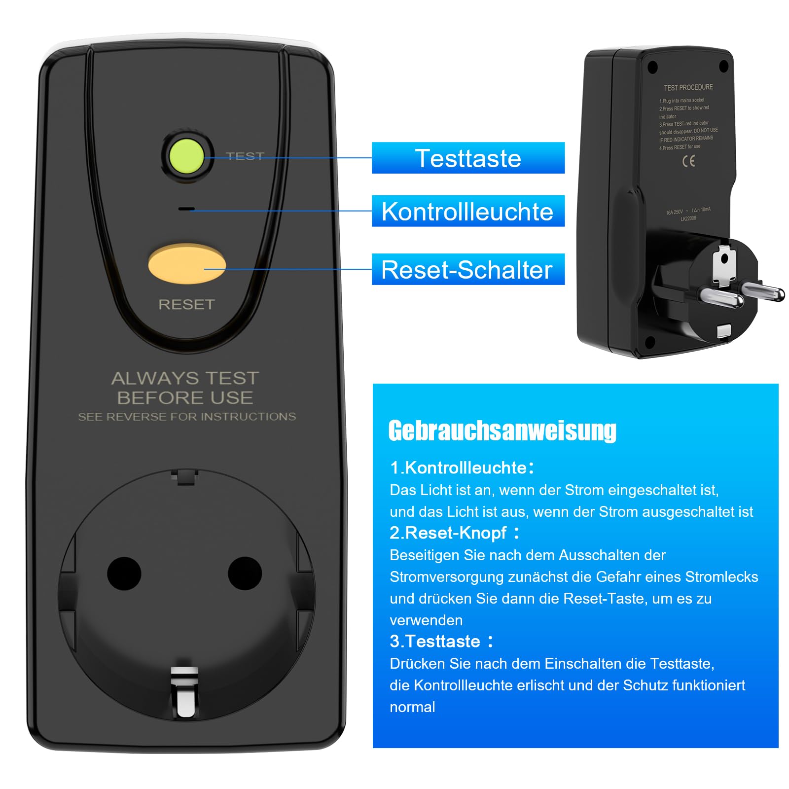 FI, presa di protezione personale, anti-perdite e shock elettrico, 230 V/16 A FI interruttore di sicurezza, presa con interruttore di protezione FI adatto per elettrodomestici, nero