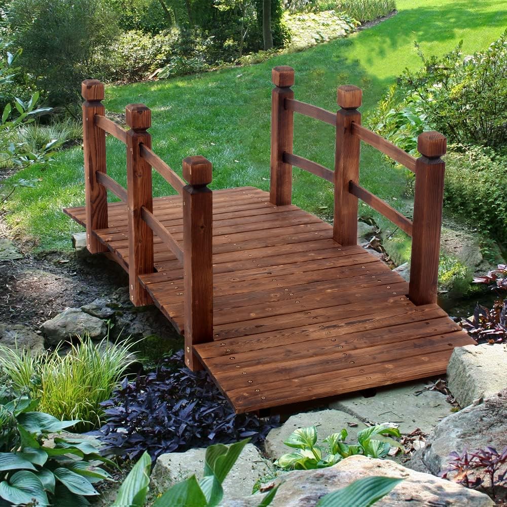 Garden Bridge 5ft Wooden Outdoor Bridge, Arch Walkway with Double Safety Railings 500 lbs Capacity, Backyard, Patio, Yard, Pond Courtyard Farm Stream Creek Landscaping