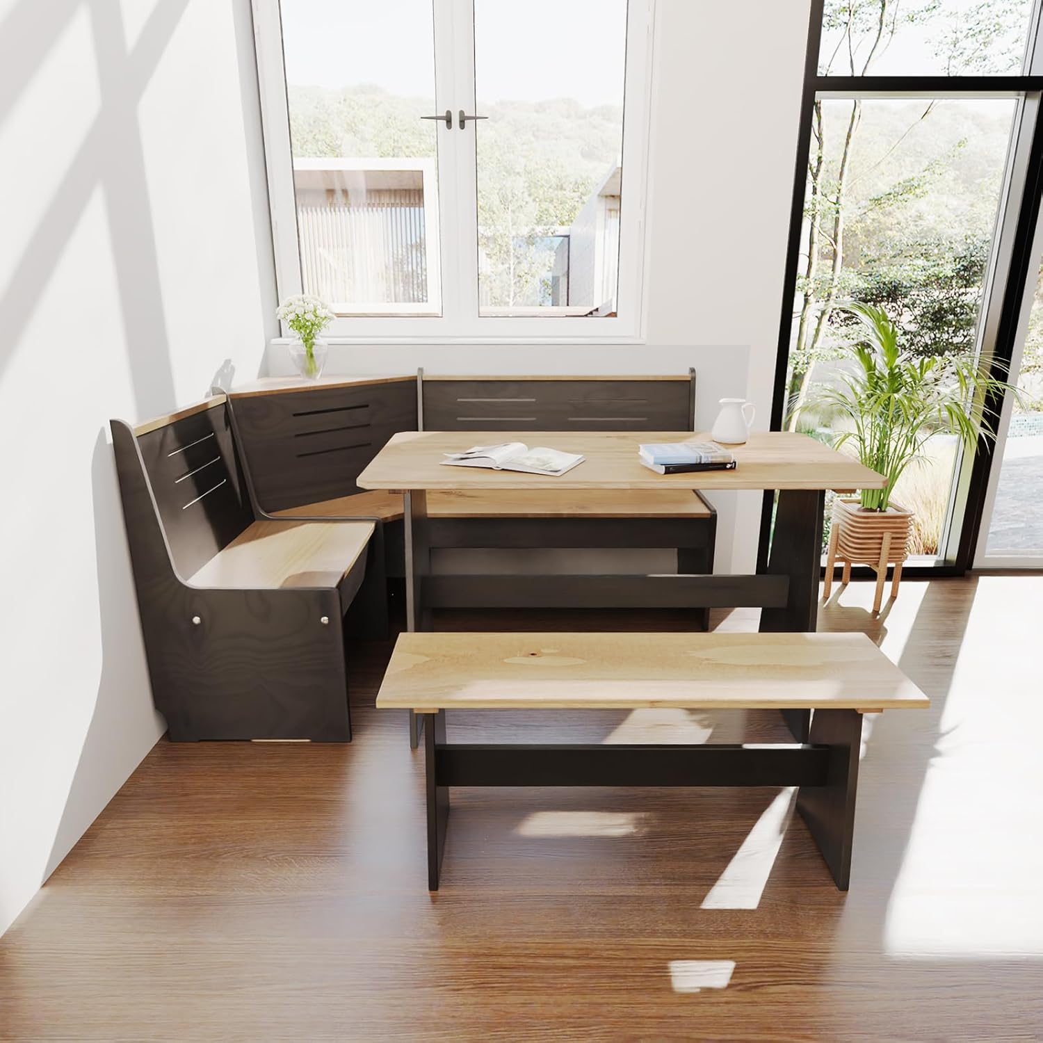 Breakfast Nook Table Set L Shaped Corner Solid Wood Kitchen Dining Table with Black Bench Space Saving Seats 4-6 for Apartment